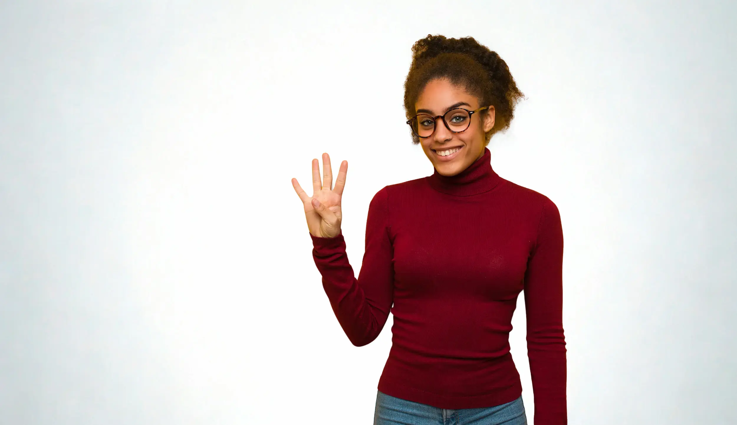 Young black african american girl with blue eyes showing number four for the top benefits of oursourcing your accounting services.