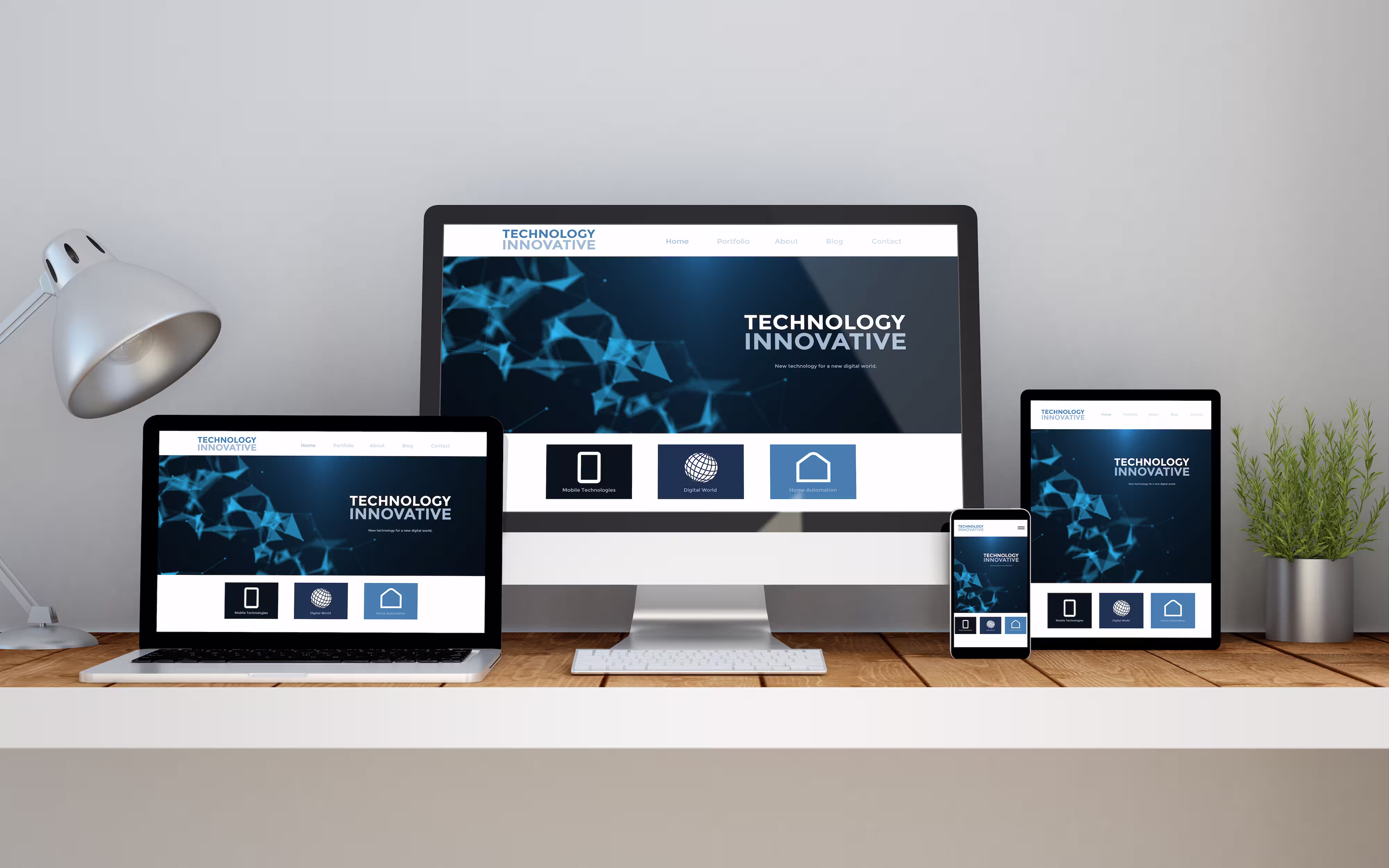 A computer, laptop, smartphone and tablet on a desktop workspace with innovative online responsive website on screen. 3d Illustration. All screen graphics are made up.