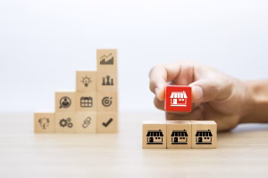 Franchise business on Cubes shape with marketing store icons for business growth and branch expansion.