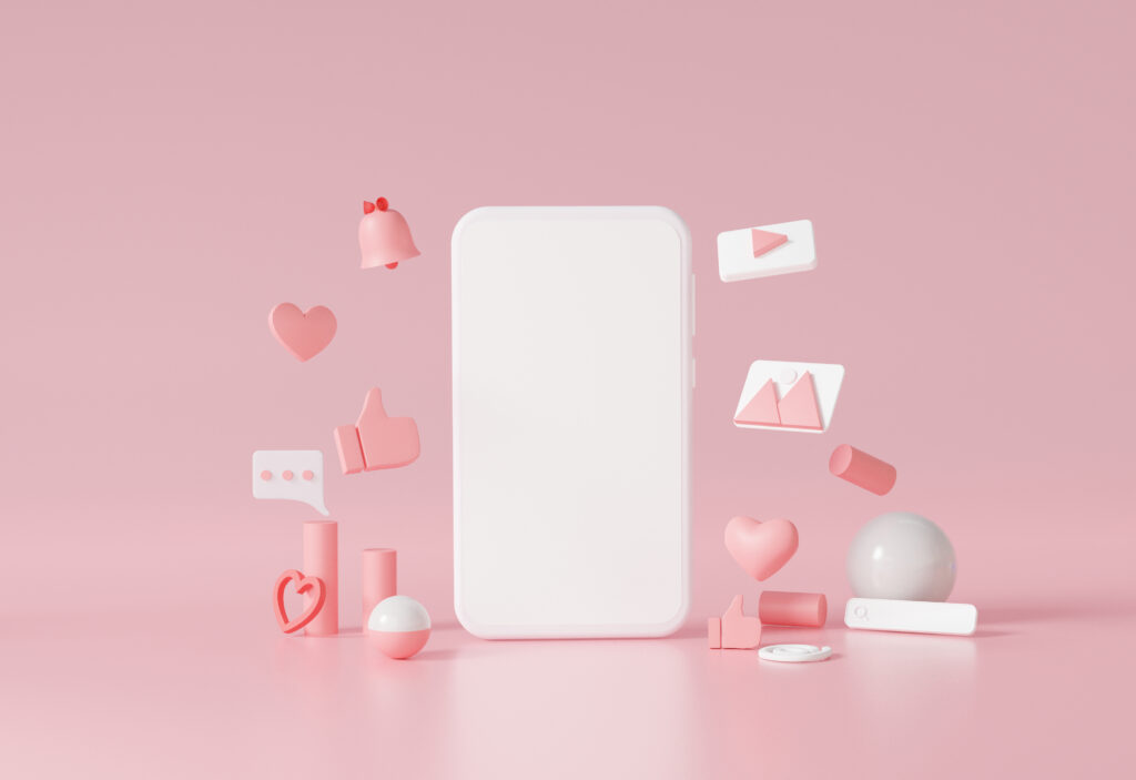 3D background Digital marketing Social media online concept with show photo and playing video, chat, like, comment on smartphone platform Easy to communicate digitally minimal style