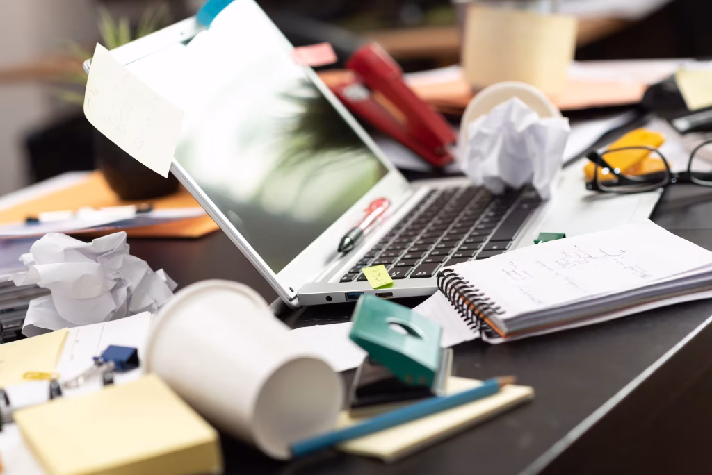 Messy and cluttered office desk