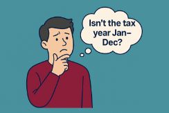 lighthearted hero image featuring a puzzled person with a thought bubble saying, “Isn’t the tax year Jan–Dec?”