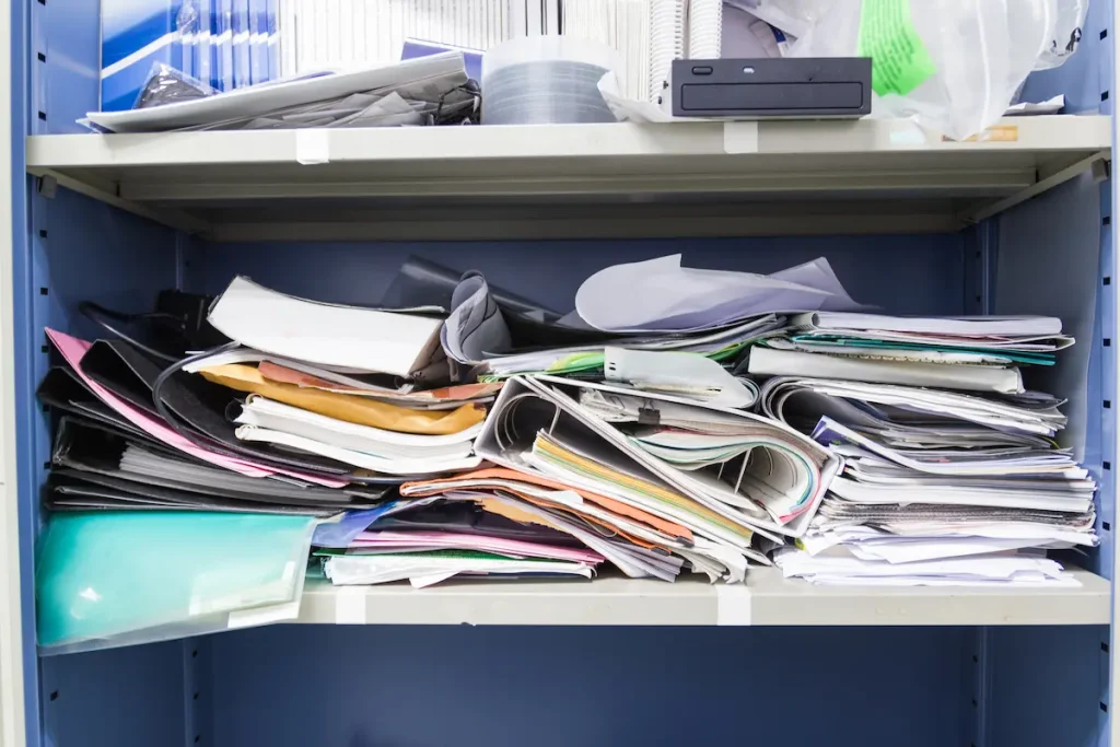 Scattered receipts and invoices representing the stress of last-minute tax preparation.