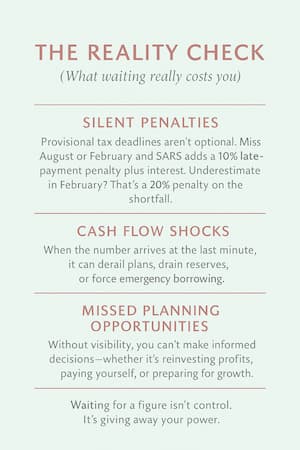 Infographic showing hidden risks of waiting for tax figures: penalties, cash flow shocks, missed planning opportunities.